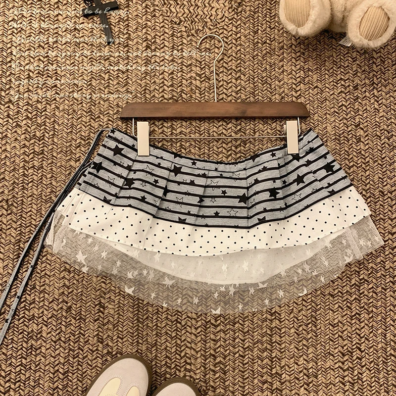 Y2K Subculture Mini Skirt Women Kawaii Striped Star Print Lace Patchwork Skirts Bandage Streetwear Layered Butt Curtains Skirt