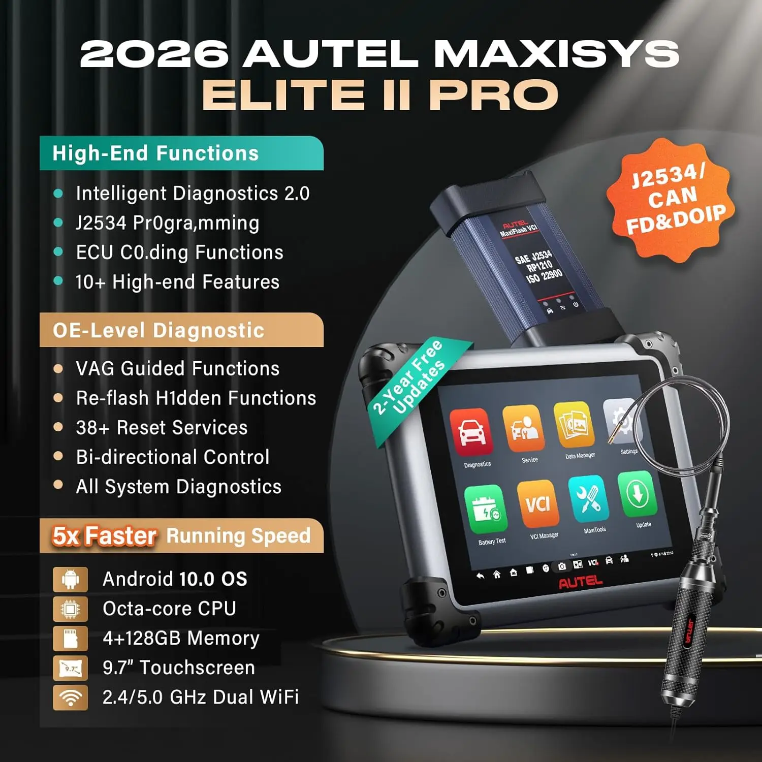 Autel MaxiSys Elite II Pro Scanner Automotivo Elite 2 Pro 2 Years Update J2534 ECU Reprogramming Tool Motor TruSpeed Repair