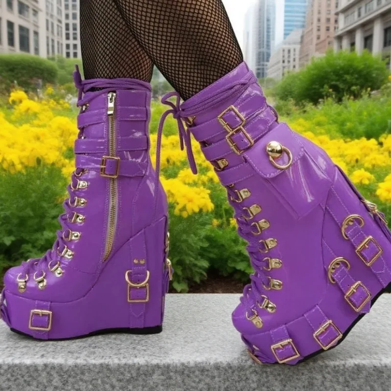 

Pink Belt Buckle Side Zipper Platform Boots Women Cross-Tied Leather Wedges Mid Claf Boots Lady Punk Sexy Hot Chick Party Shoes