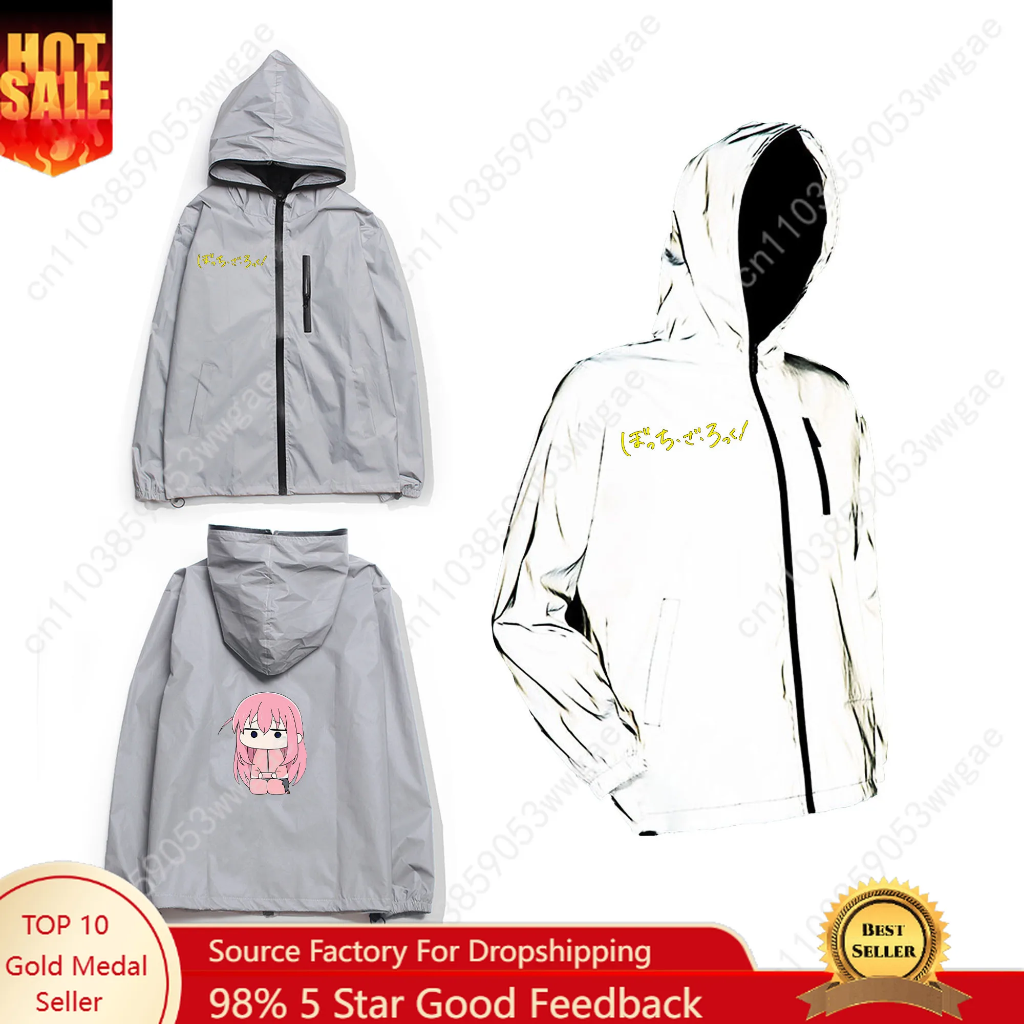 

Bocchi the Rock Reflective Jacket Mens Womens Coat Hooded Windbreaker Run Pocket Jackets Cycling Hiking Zipper Customized Hoodie