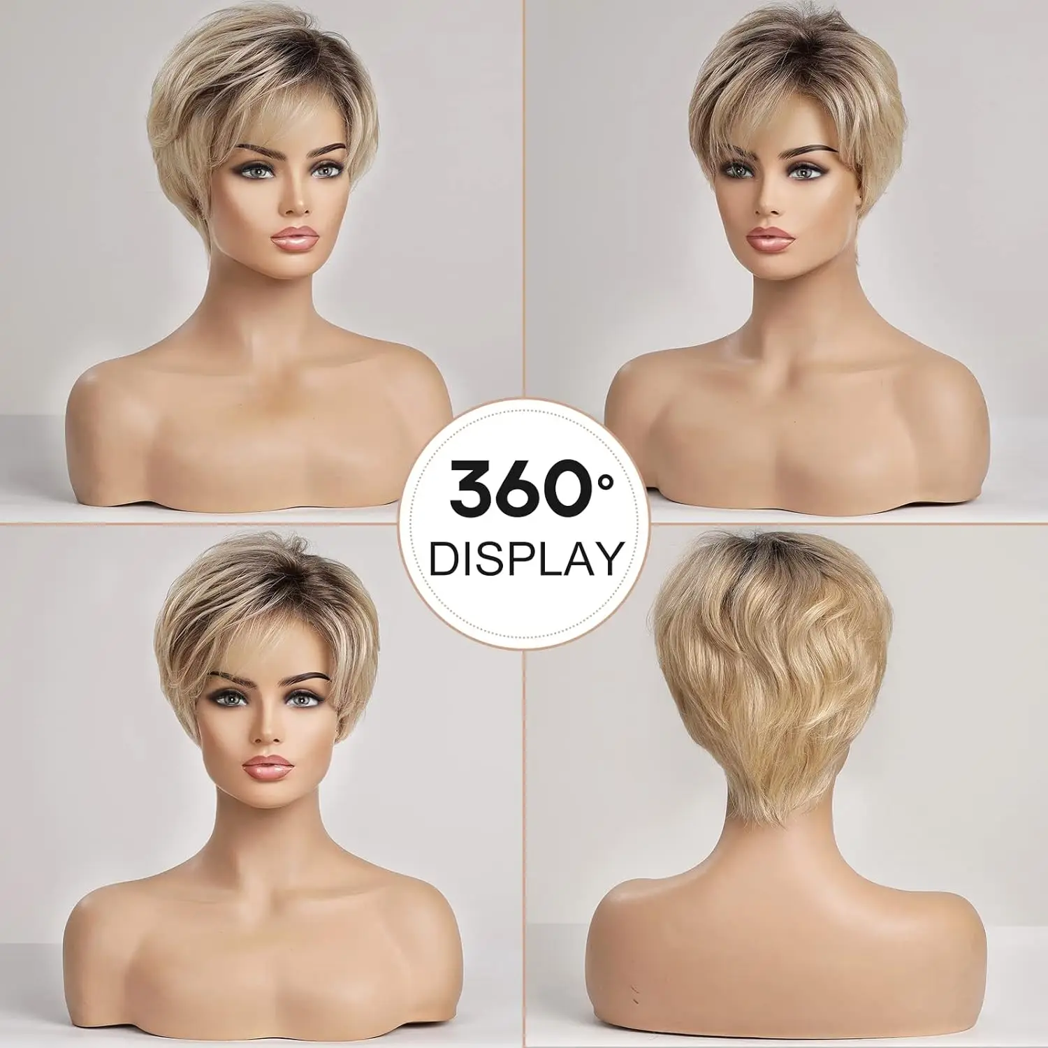 HD Lace Front Wig Short Pixie Cut 100% Remy Human Hair Wigs with Bangs Natural Layered Ombre Blonde Brown Lace Wigs for Women