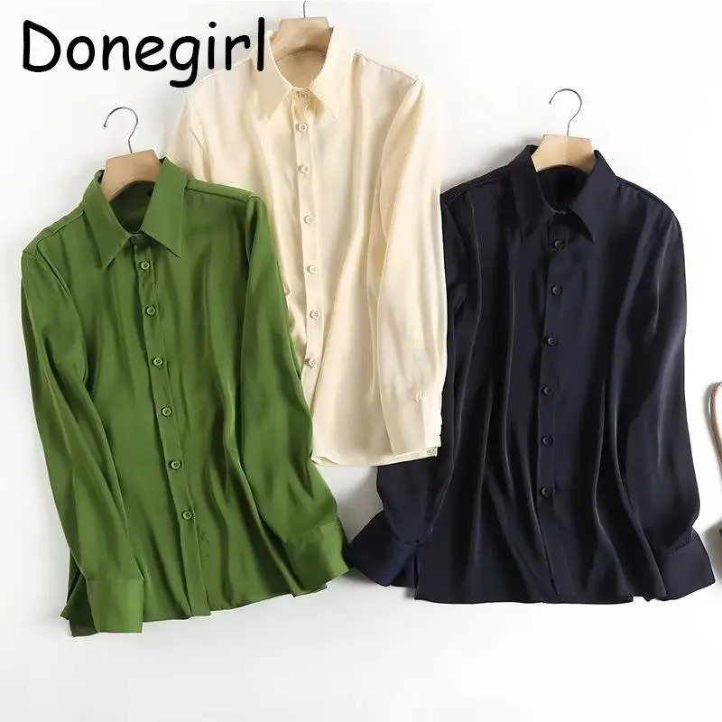 

Donegirl 2023 New Women Long Sleeve Polo Shirt Satin Solid Loose Simple Spring Summer Casual Commute Blouses Female Chic