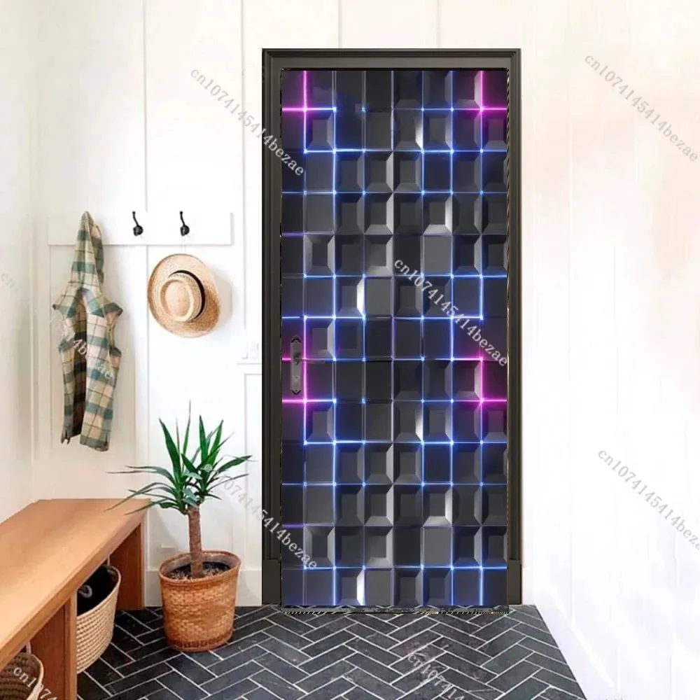 Sci-Fi Futuristic Door Stickers Waterproof Self-Adhesive Neon Geometric 3D Tunnel Metal Texture Wrap for Home Living Room Decor