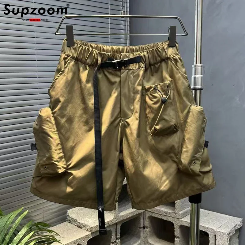 Supzoom New Arrival Top Fashion Summer Loose Casual Belt Design High Street Trendy grid Stitching Pocket Personalized Shorts Men