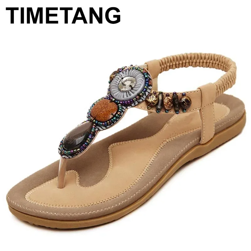 TIMETANG  Plus Size 35-42 Sandals Women PU Flip Flops Casual Shoes Woman Beading Elastic Band Sandale Femme Fashion Flats