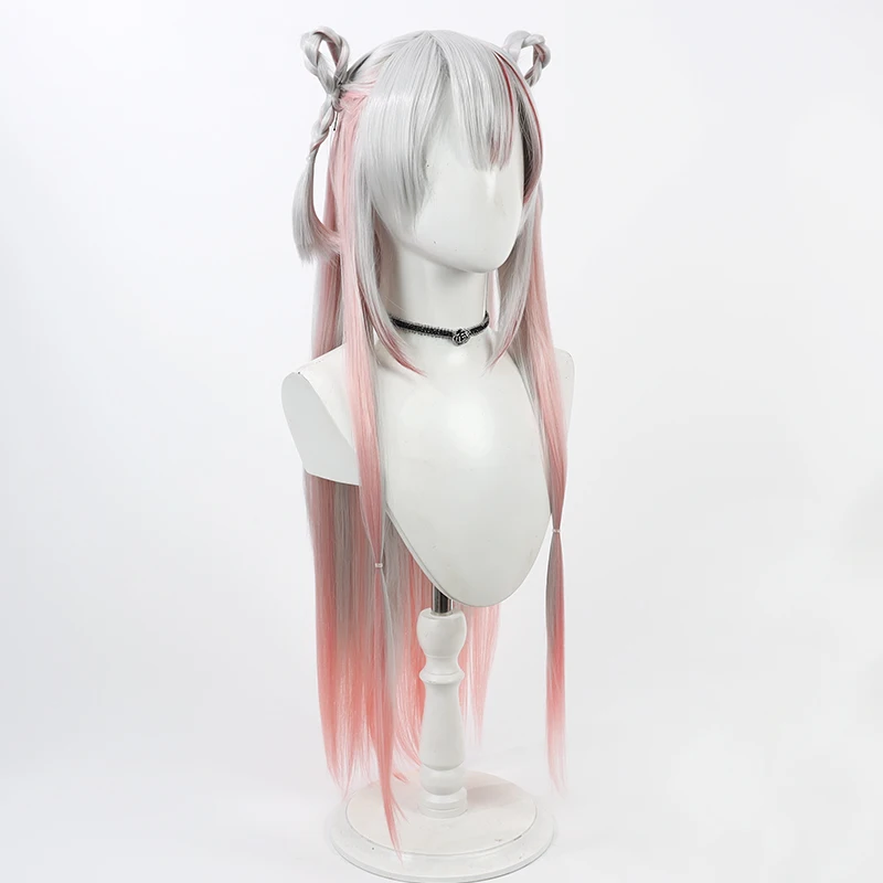 วิกผมทรงบันพร้อมเขาและกระดิ่งของนักบันเทิงออนไลน์ Nakiri Ayame จาก Hololive สำหรับคอสเพลย์ สีเทาชมพู ผมยาวตรง วัสดุใยสังเคราะห์