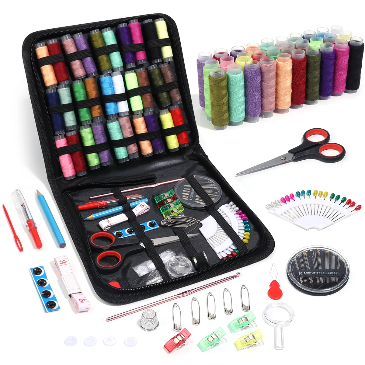 Complete Sewing Kit with Threads Needles Scissors Tape Measure Buttons Portable Travel DIY Embroidery Handwork Sewing Tool Set