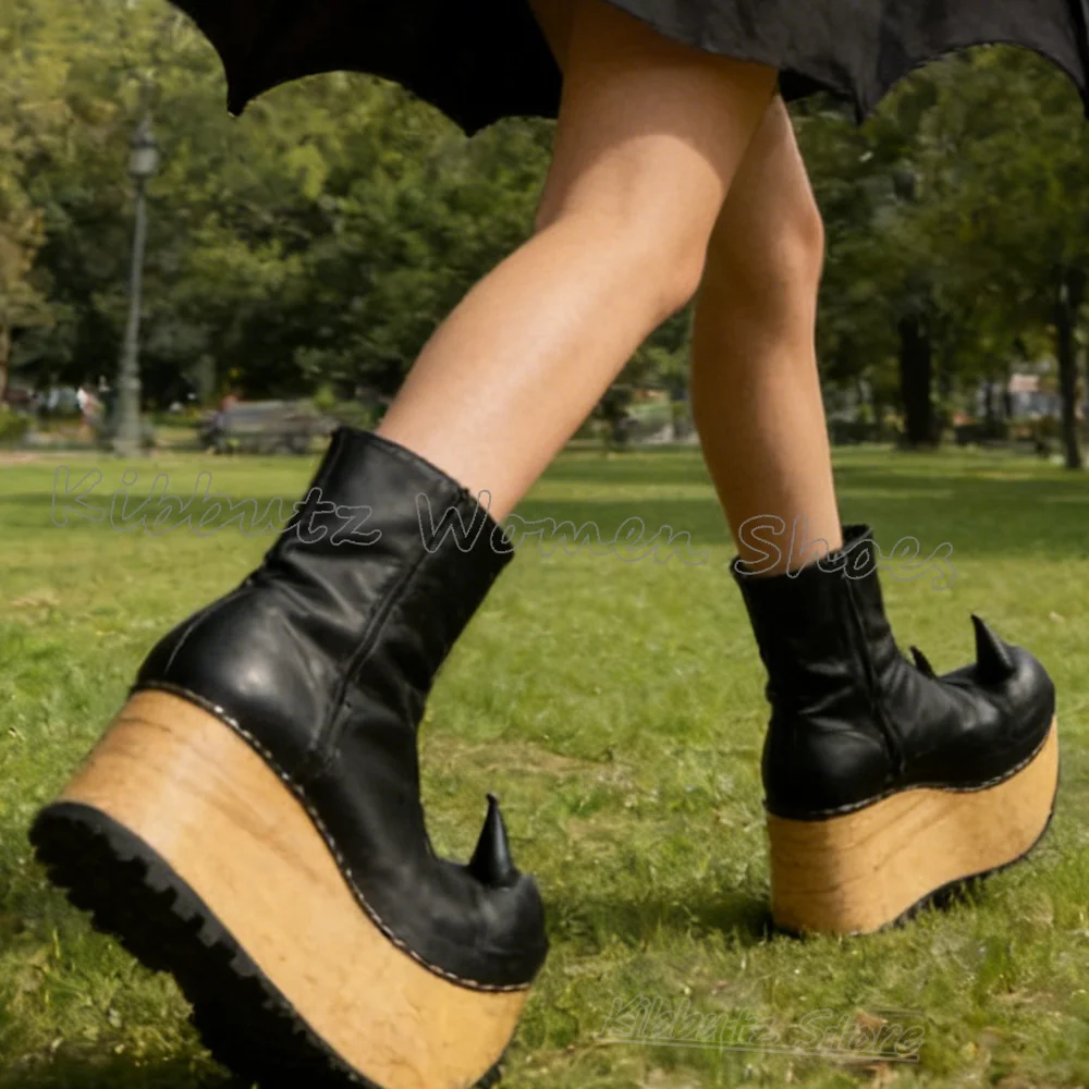 Wooden Wedges Heel Ankle Boots Side Zipper Fashion Novelty Runway Show Novelty Concise Shoes Cow Horn Round Toe Leather Newest