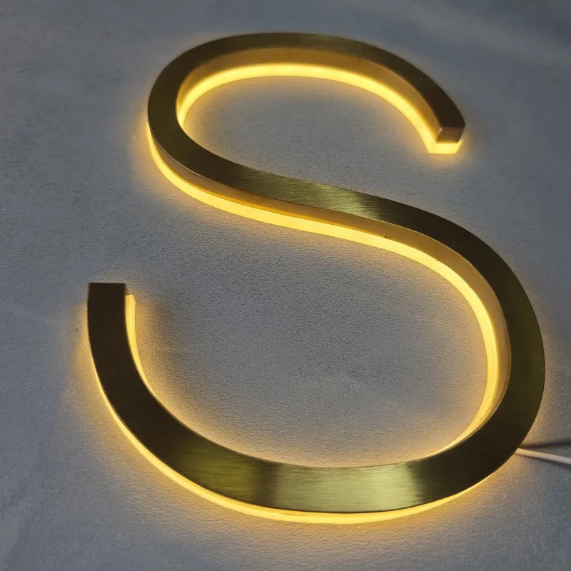 Custom Outdoor Backlit Gold Stainless Steel LED Letters 3D Rear Lighted Metal Shop Signs