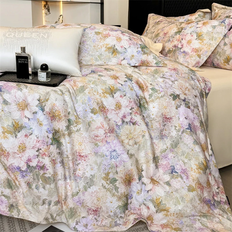 Vintage Oil Painting Style Flowers Print 100% Cotton Brushed Bedding Set Duvet Cover Flat/Fitted Bed Sheet Pillowcases 4Pcs
