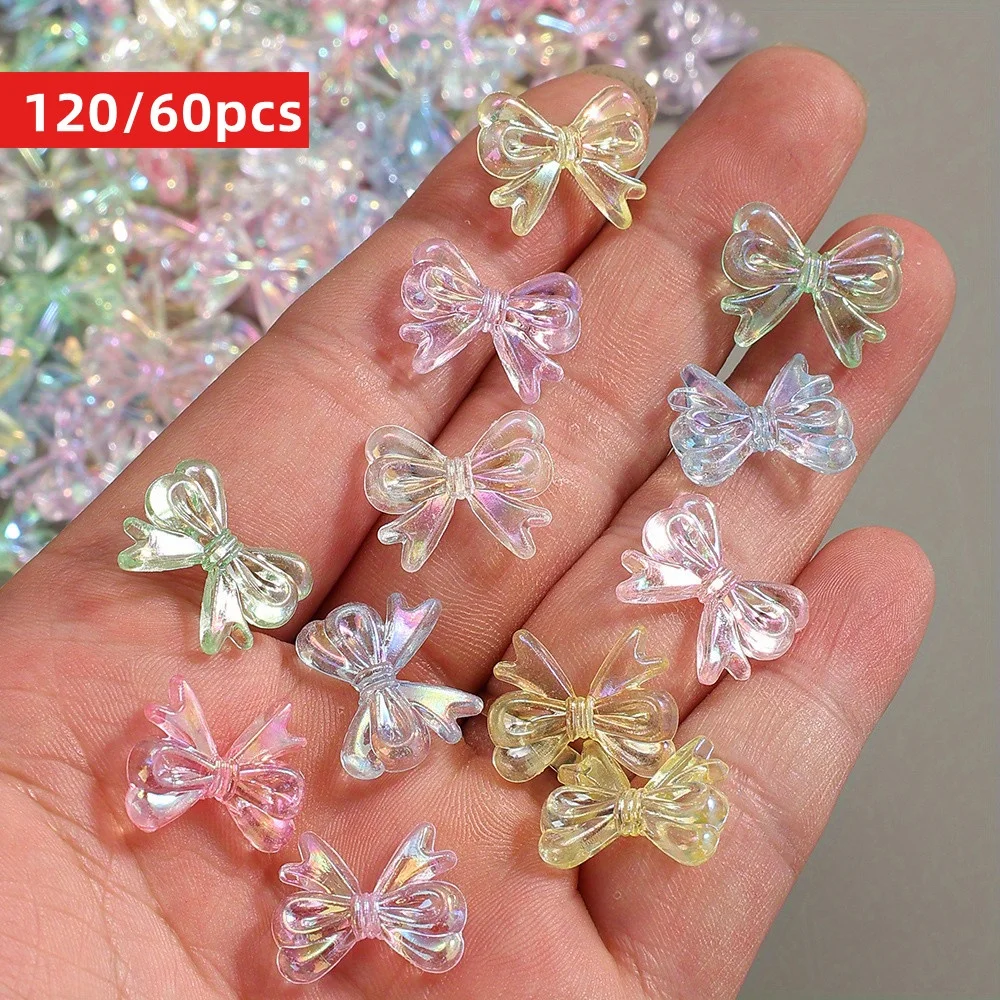 120/60pcs 19*15mm Acrylic Rainbow Sparkling Finish Transparent Small Bow AB Mixed Color Beads | Jewelry Making DIY Accessories