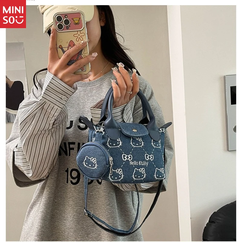 Miniso Denim Kitten Print Bag 2025, Cute Dumpling Hobo Purse with Crossbody Strap