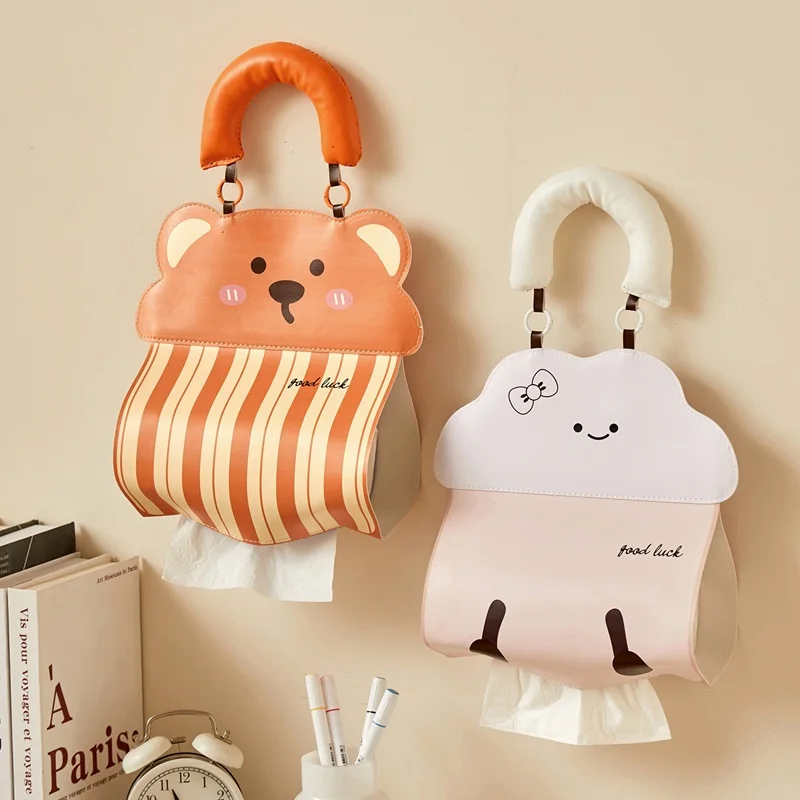 PU Leather Cute Cartoon Hanging Tissue Holder Wall Mount Storage Bag Facial Roll Paper Bathroom Toilet Home Car Interior Decor