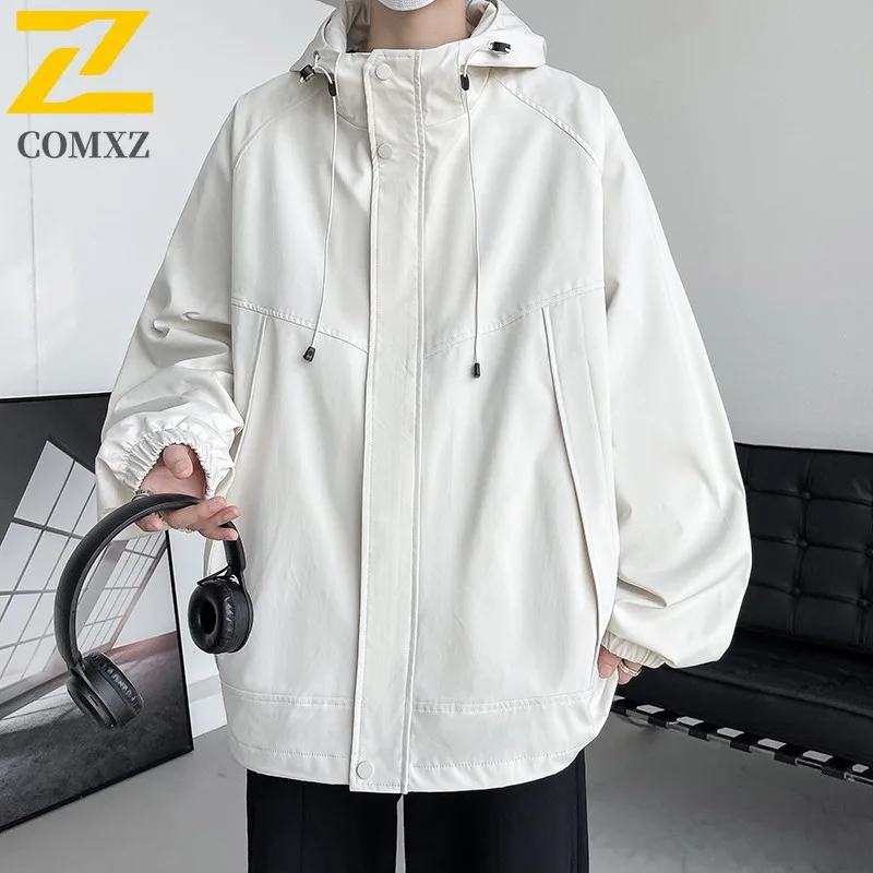

COMXZ 2025 Men Women Hooded Work Jacket Slant Pocket Solid Color Zipper Loose Fit Couple Casual Autumn Coat Fashion
