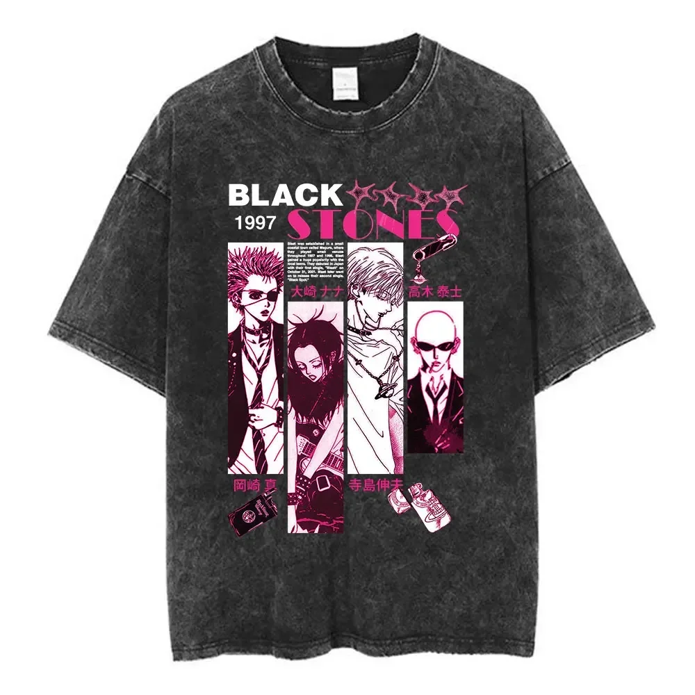 Customization Shirt Vintage Washed Anime Nana Osaki Black Stones Rock Band T-Shirt Men's Women Short Sleeve Cotton T Shirt Haraj