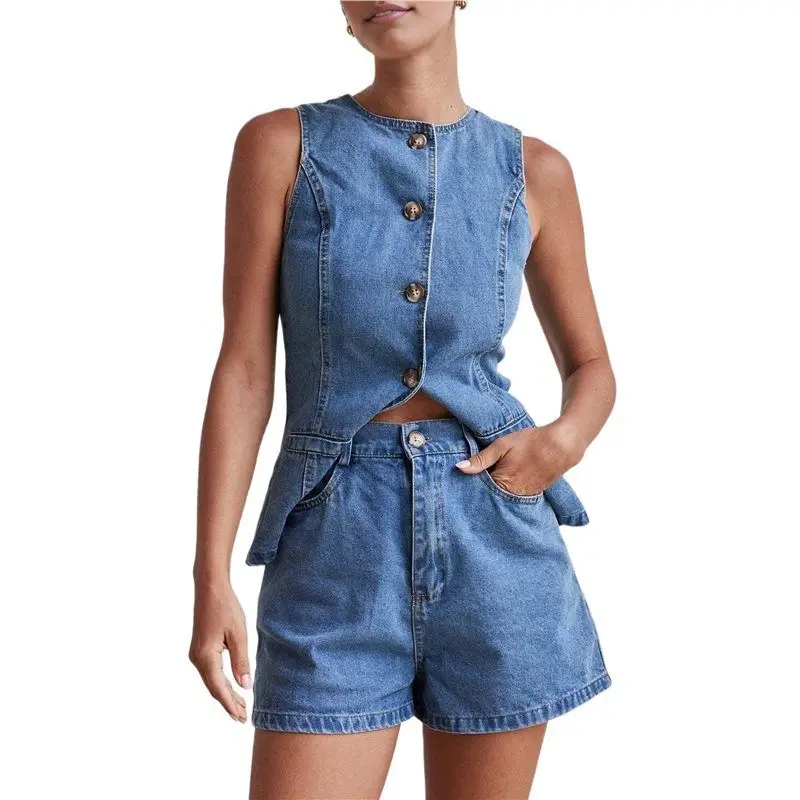 TEXU Female Denim 2 Piece Set Casual Business Sleeveless Jean Blazer Vest Tops And Shorts Outfit Tracksuits