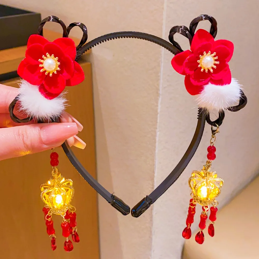 

Glowing Hanfu Wig Headband Chinese Style Plush Lion Luminous Lantern Headband Ancient Flower Tassel New Year Headdress