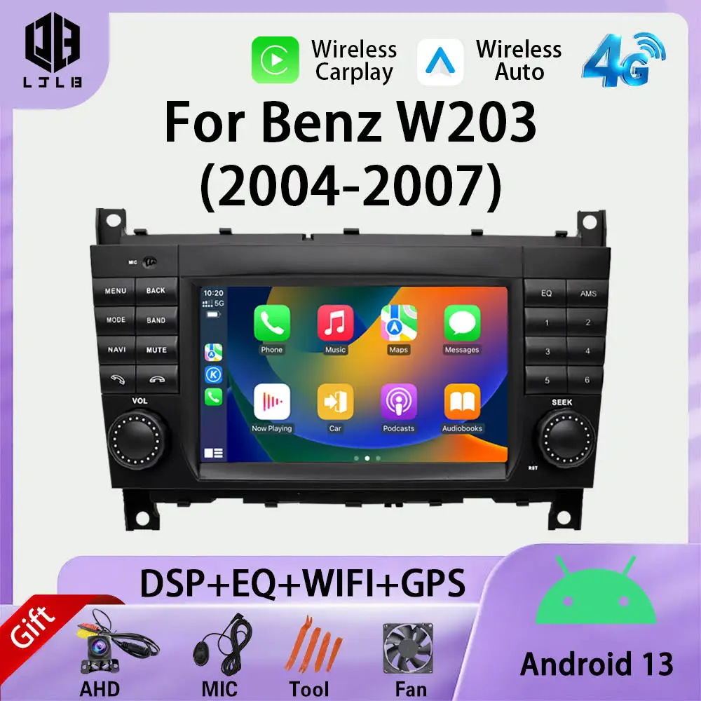 Автомобильный медиаплеер LJLB для Mercedes Benz W203 2004-2007, 7-дюймовый GPS-радио высокой четкости Android 13 с высокой четкостью, навигация CarPlay
