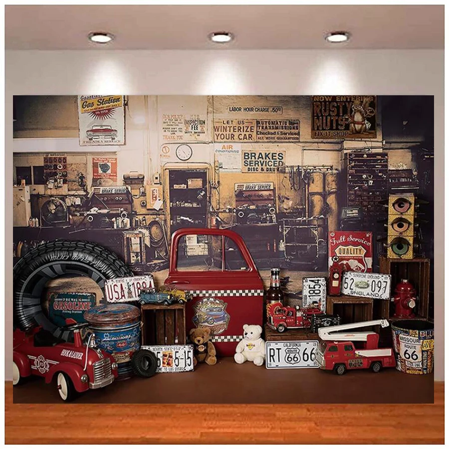 

Photography Backdrop Auto Warehouse Repair Car Child Birthday Party Cake Smash Decor Photo Studio Background Banner Poster