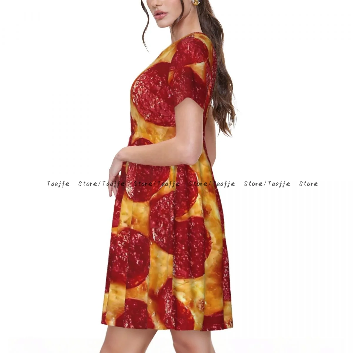 فستان Pepperoni Pizza الصيفي للنساء كاجوال برقبة دائرية وأكمام قصيرة