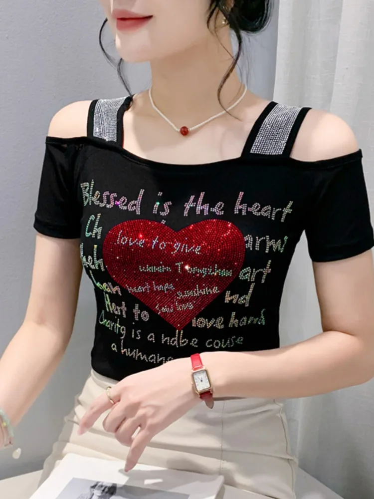 女性のためのセクシーな黒と青のメッシュTシャツ,短い裸の肩のTシャツ,ダイヤモンドの文字,韓国のファッション,7212