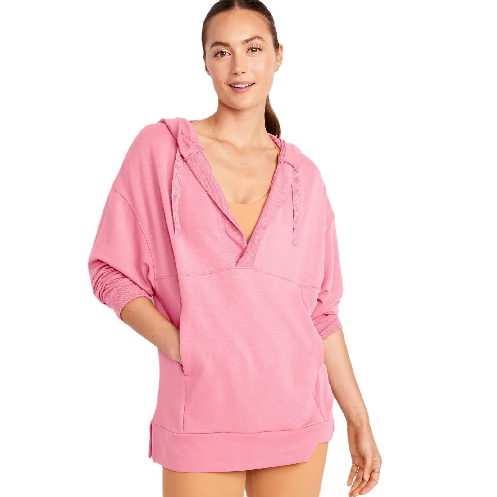 2025ฤดูใบไม้ผลิฤดูใบไม้ร่วงใหม่ผู้หญิงHoodiesหญิงVคอสีทึบHooded Drawstring Pullovers Lady's Oversizeเสื้อกันหนาว