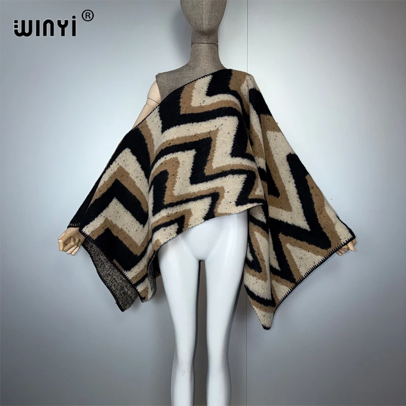 WINYI البلوز سترة كيب المرأة بلايز الخريف والشتاء برج خارجي محبوك غير النظامية كم علوي طباعة موضة المعطف عباءة #1