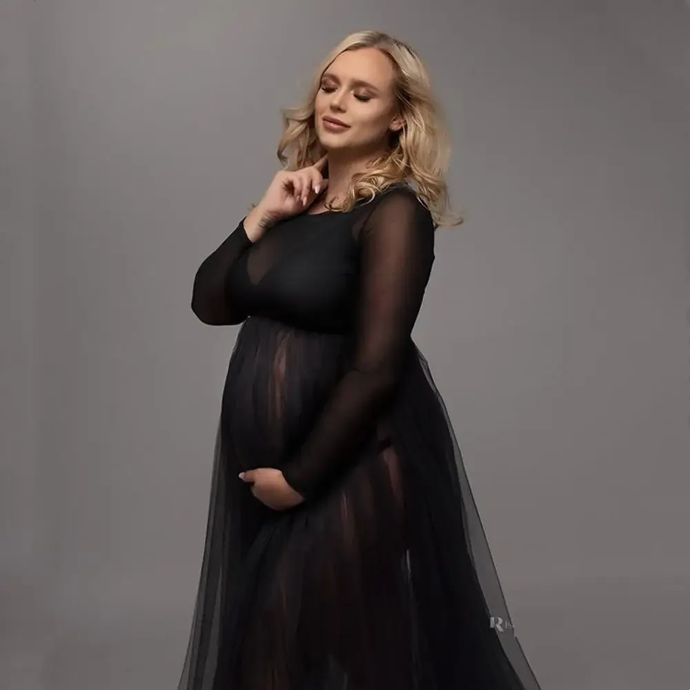 Sexy Women Maternity Baby Shower Mesh Dresses Long Sleeve Pregnant Turtleneck Maxi Dress For Photoshoot Premama See Through Gown