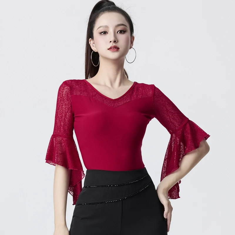 Haut de danse de salle de bal rouge 3 couleurs, haut de danse moderne Standard pour femmes, justaucorps de danse en dentelle, vêtements d'entraînement latin pour adultes, noir AMY2213
