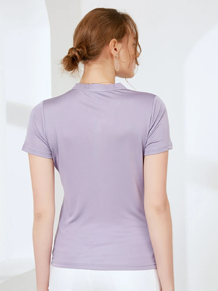 SuyaDream Women Solid T Shirt 30%Silk 70%Viscose V Neck Short Sleeves Chic Shirt 2025 Spring Summer Khaki Silk Top XXXL