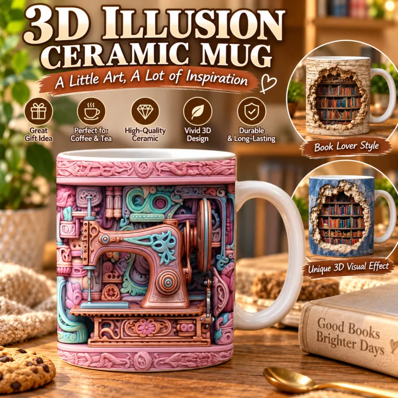 3D Printed Ceramic Mug Book, Nook Design Illusion Coffee Tea, Cup Creative Library Hole Home, Office Desk Decor Novelty Gift New
