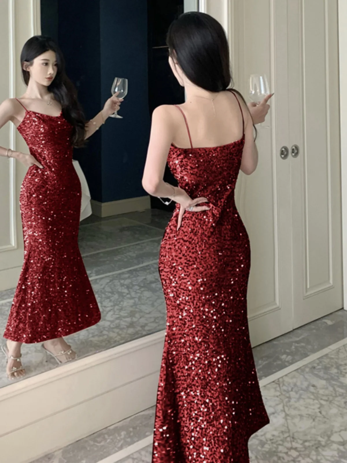 

Sexy High Waist iny Sequin Fi Tail Dr Ele Slimming mid Length Gown Pure Desire Sle Bal V-ne H-pe Dr