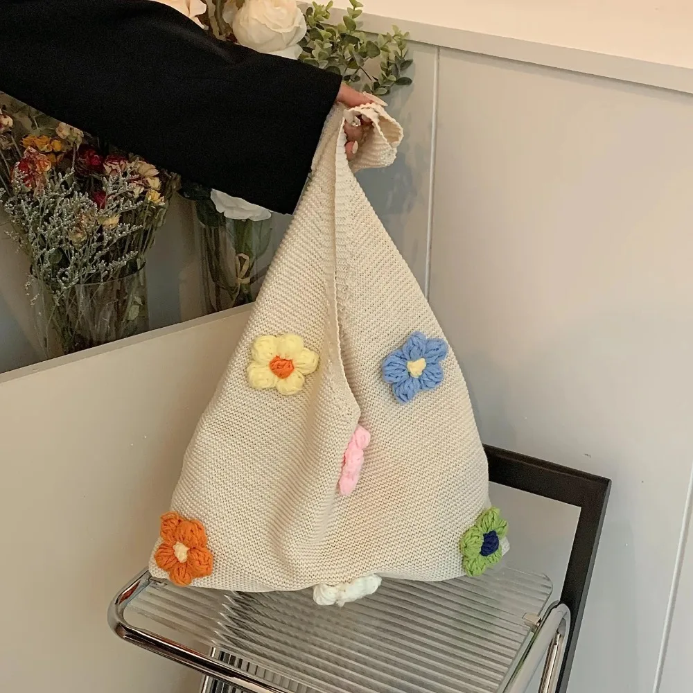 

Sweet Knitted Crochet Handbag Hollow Out Breathable Woven Tote Bag Polyester Flower Shopping Shoulder Bag School