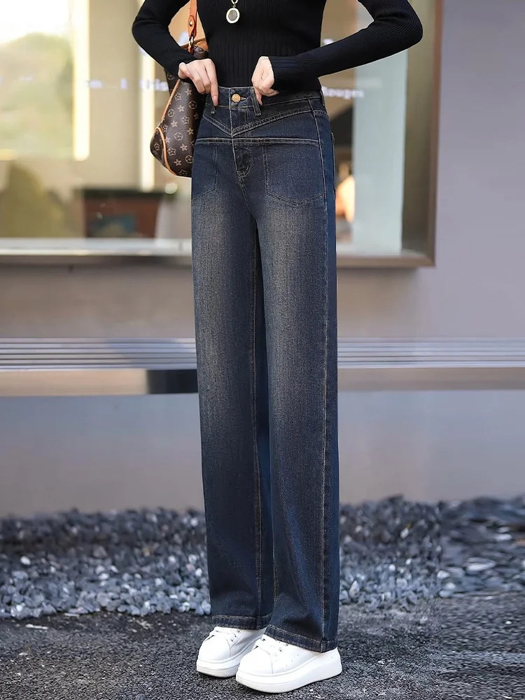 

Женские джинсы с высокой талией, прямые, на флисовой подкладке, свободные, широкие, в ретро-стиле, повседневные, из хлопкового стрейч-денима, утягивающие