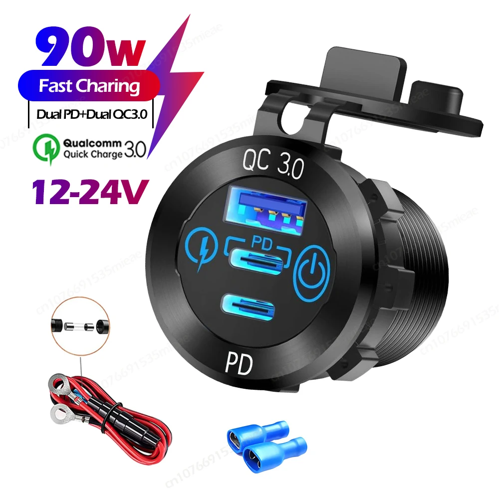 

90W Fast Car USB Charger Socket 3-Ports Dual PD & QC3.0 Outlets with Touch Switch Digital LED Voltmeter 12V/24V for Car Boat RV