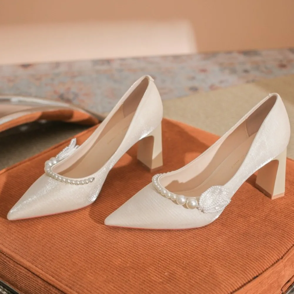 

High Heels Women's Spring and Summer Thick Heel Light Mouth Pearl Satin High Heel Pumps Pointed Single Shoes Bridesmaid Shoes