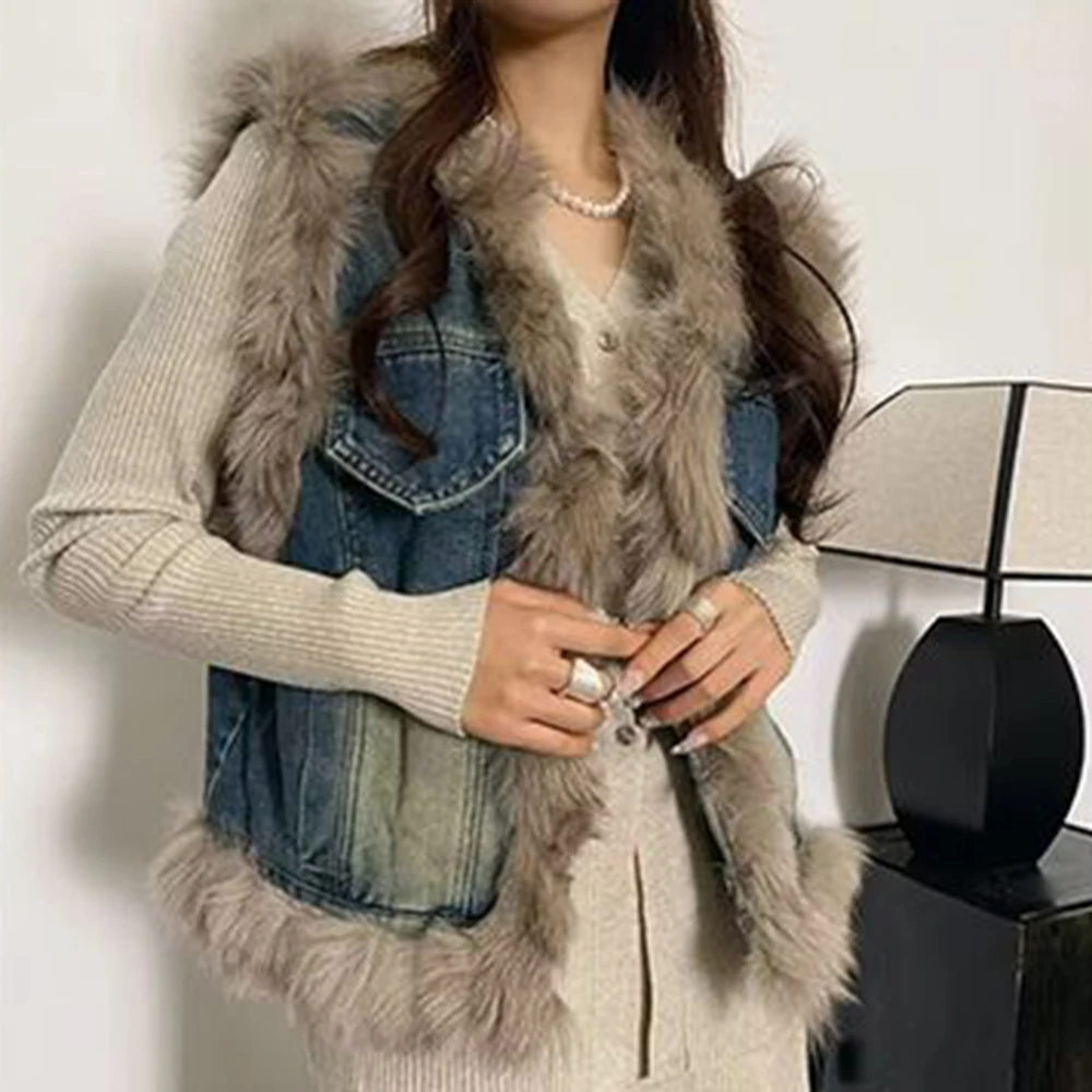 Celebrity style popular women's clothing in the winter of 2025 new  fashion versatile and thin hairy edge denim vest tide