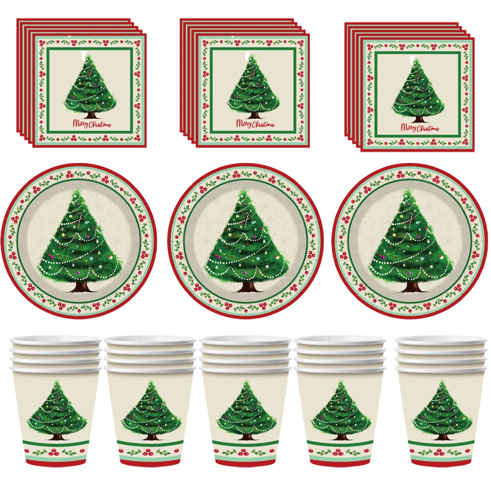 

90pcs Christmas Tree Party Tableware Set Paper Plates Cups Napkins Cutlery Set Merry Christmas Dishes Decorations Party Supplies
