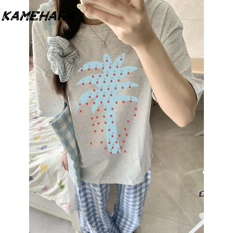 

KAMEHARA Japanese Y2k Summer Preppy Shirt Women Kawaii Loose Fit Round Neck Short Sleeve Tee Floral Print Versatile Top 민소매 티 여성