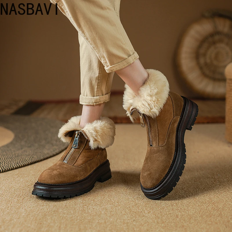 

NASBAVI 2026 Fashion Wool Winter Women Ankle Snow Boots News Warm Zipper Shoes Kid Suede Mid Heels Round Toe Short Boots 34-40
