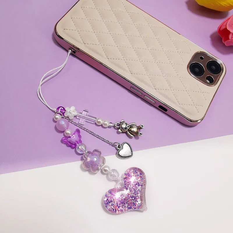 

Mobile Phone Lanyard Glitter Pink Love Pendant Cartoon Bear Pendant Decoration Mobile Phone Chain Anti Loss Lanyard Phone Charm