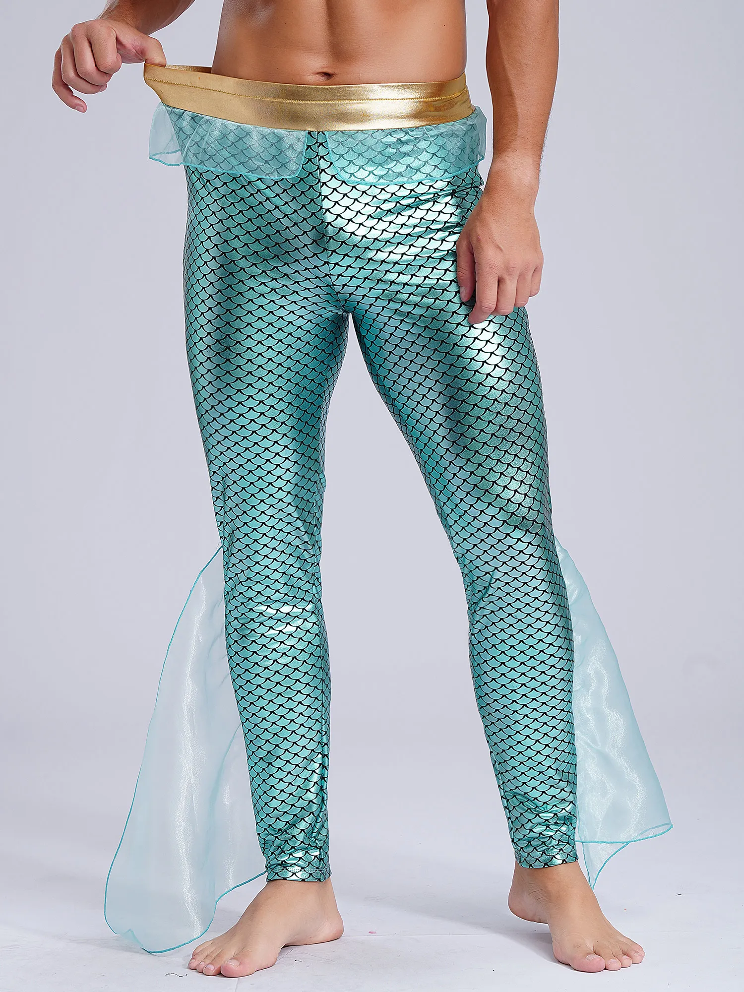 Heren Zeemeermin Cosplay Koning Van De Zeeën Kostuum Elastische Taille Metallic Glanzende Fishscale Print Panty Leggings Broek Voor Halloween