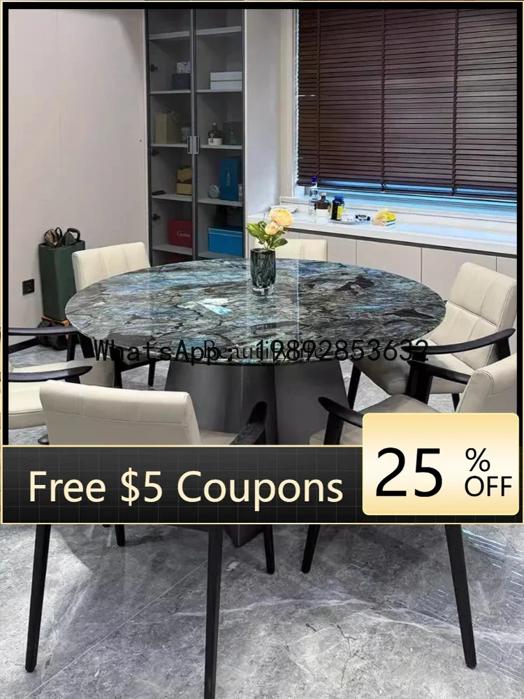 W5.14   Blue jadeite dining table round natural luxury stone large flat mansion living room home