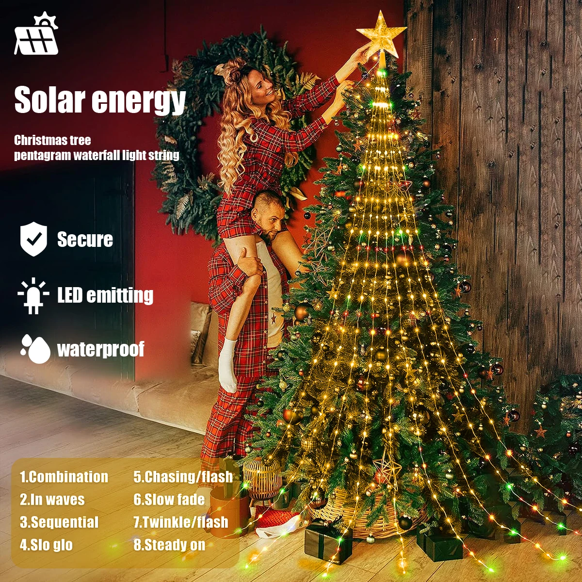 Luz Solar de cascada de estrella de cinco puntas, decoración de árbol de Navidad para jardín colgante, suministros de decoración de Nochevieja 2024