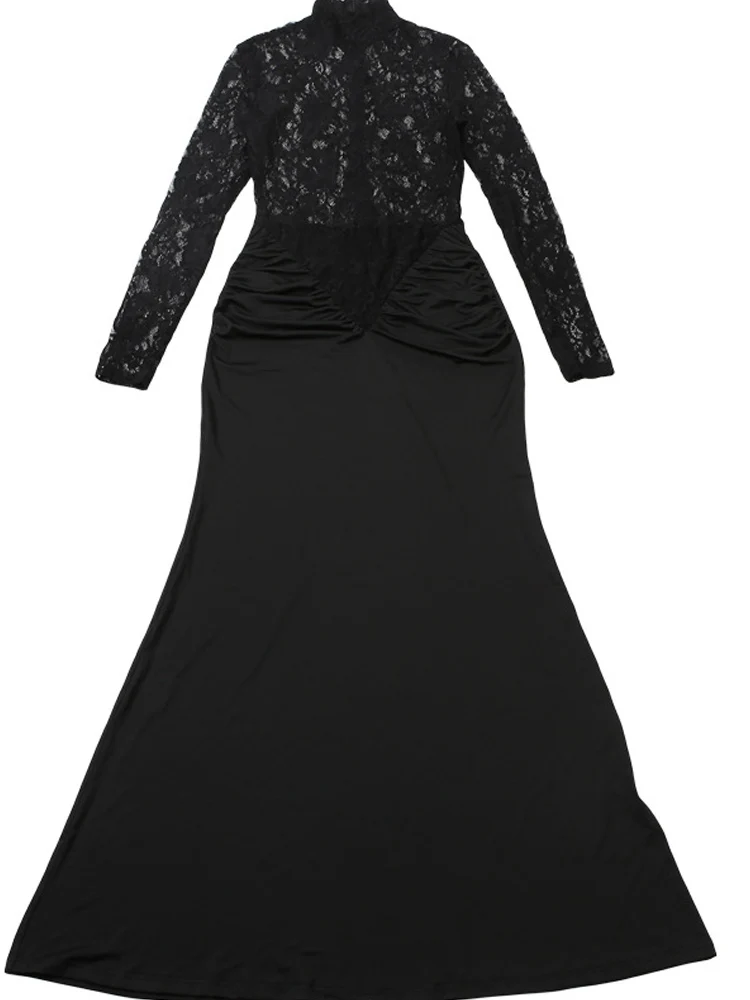 Kricesseen Sexy noir dentelle pure Patchwork à manches longues robe Maxi femmes col haut formel fête boîte de nuit porter moulante