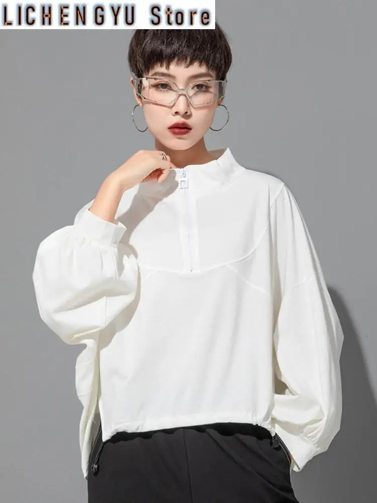 

Women White Drawstring Zipper Big Size Casual T-shirt New Stand Collar Long Sleeve Fashion Tide Spring Autumn