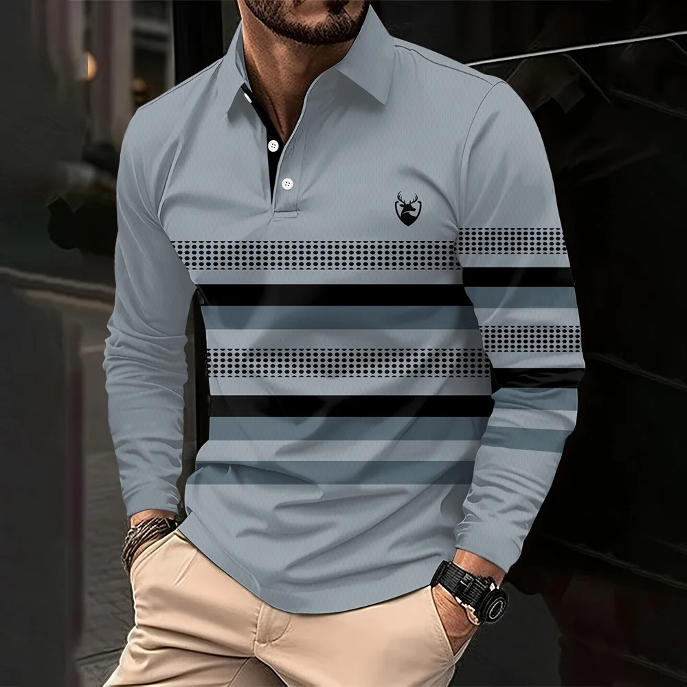 

2026 New Classic Stripe Printed Men's Long Sleeve Polo Shirts Autumn Casual Comfortable Fit Button Polo Tops Street Man Pullover