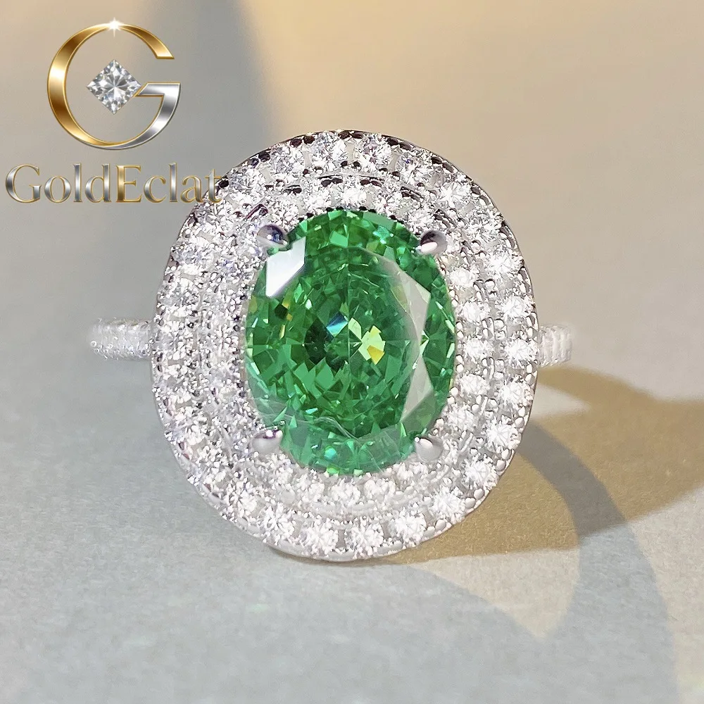 

GoldEclat Luxury Solid Platinum PT950 Women's Ring Full Diamond Green Moissanite Ring