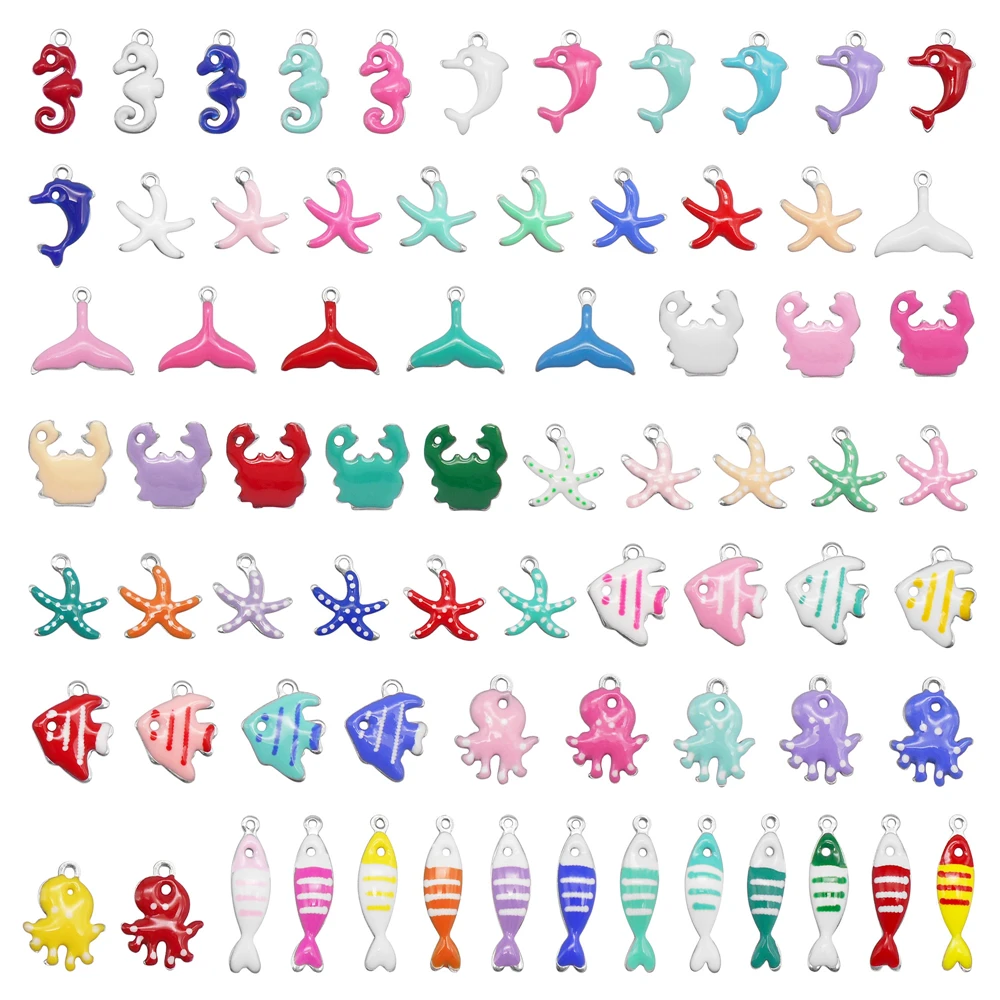10Pcs Stainless Steel Charms Sea Life Series Enamel Double Sided Pendant Crab Fish Seastar Shaped Dangle for Jewelry Making
