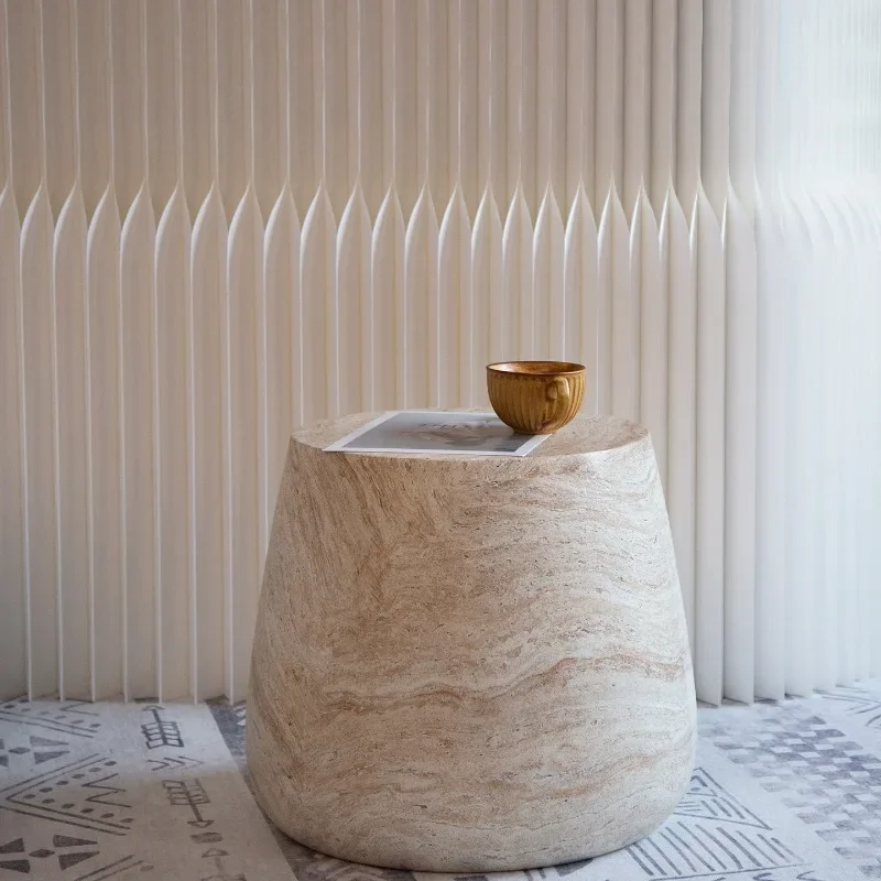 Imitate Travertine Side Table Solid Organic Vein Stone Drum Shape Round Top Compact Curved Sofa Corner End Table